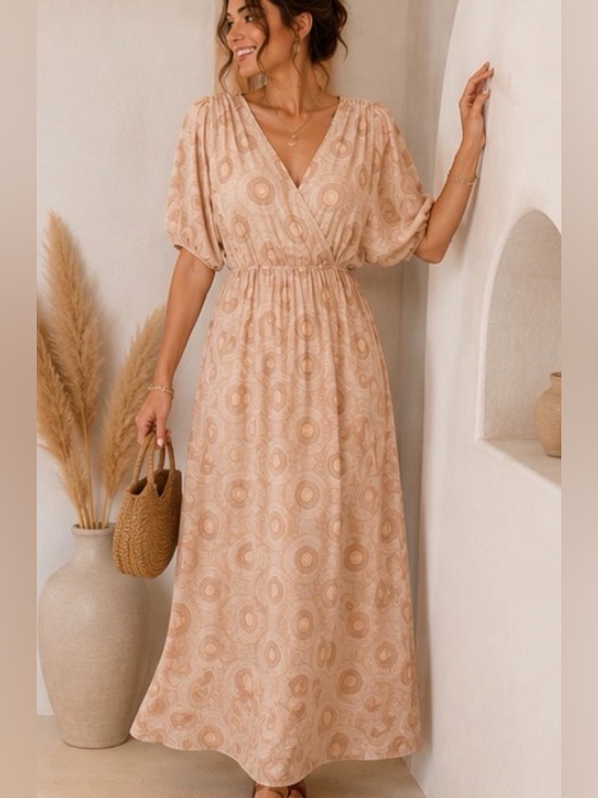 Forever 21 Dresses & Skirts - Forever 21 Neutral Beige V-Neck Puff Sleeve Boho Maxi Dress